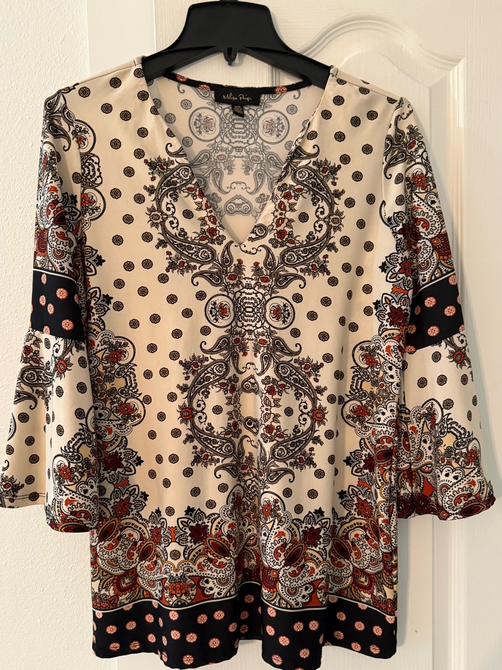 Melissa Paige Boho Paisley Bell Sleeve Blouse Women’s Medium V Neck Cream Red